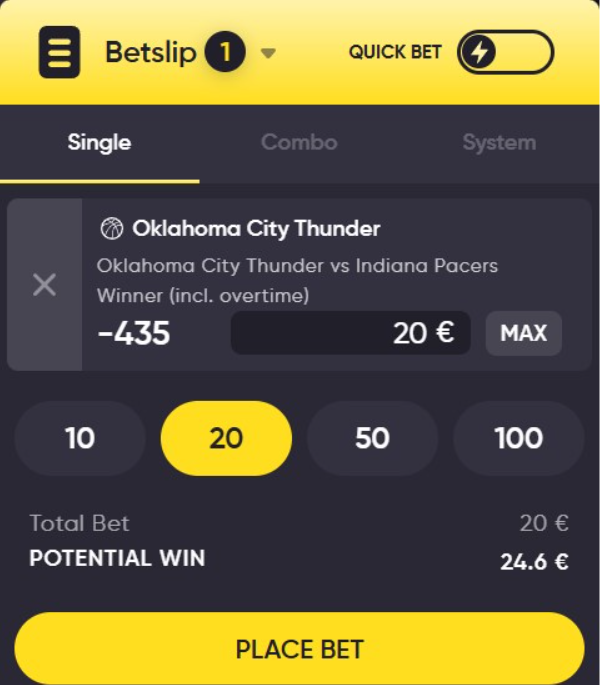 Sports betslip showing €20 wager on Oklahoma City Thunder with -435 odds and a potential win of €24.6 sports betting slip