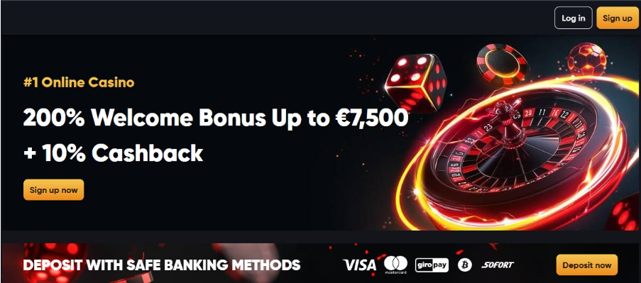 Claim a 200% welcome bonus up to €7,500 with 10% cashback and deposit securely using Visa, Mastercard, giropay, or Sofort trusted sporstbook screenshot